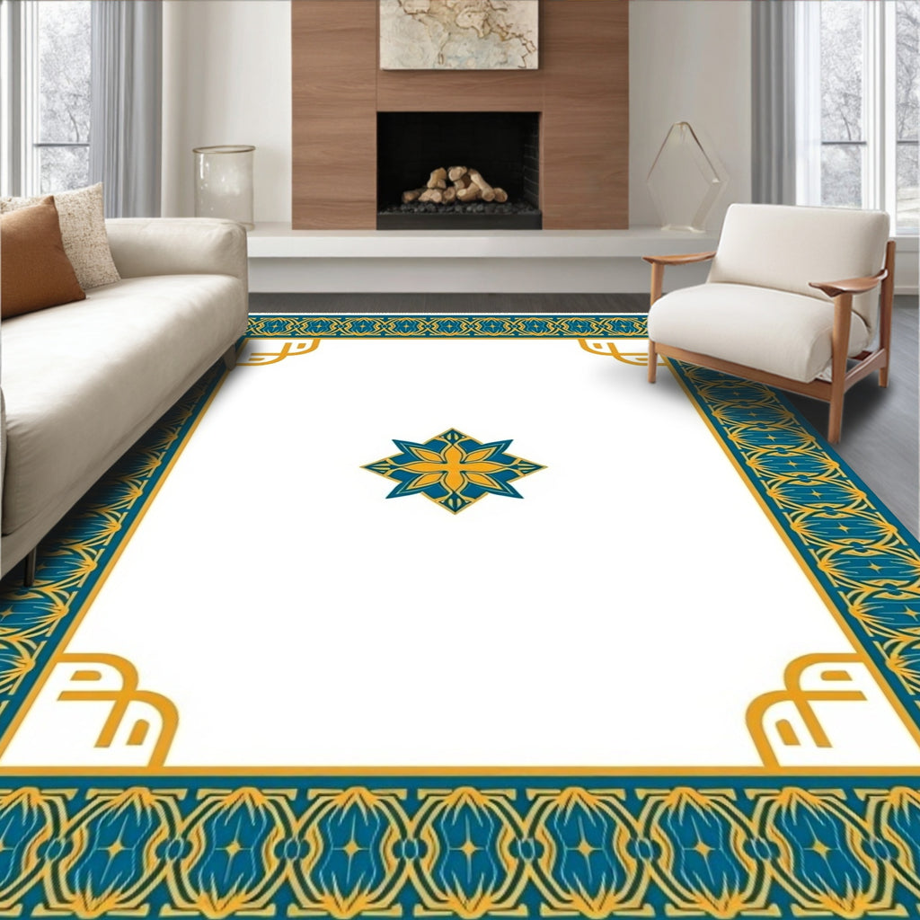 Teal Yellow Geometric Border Medallion Rug
