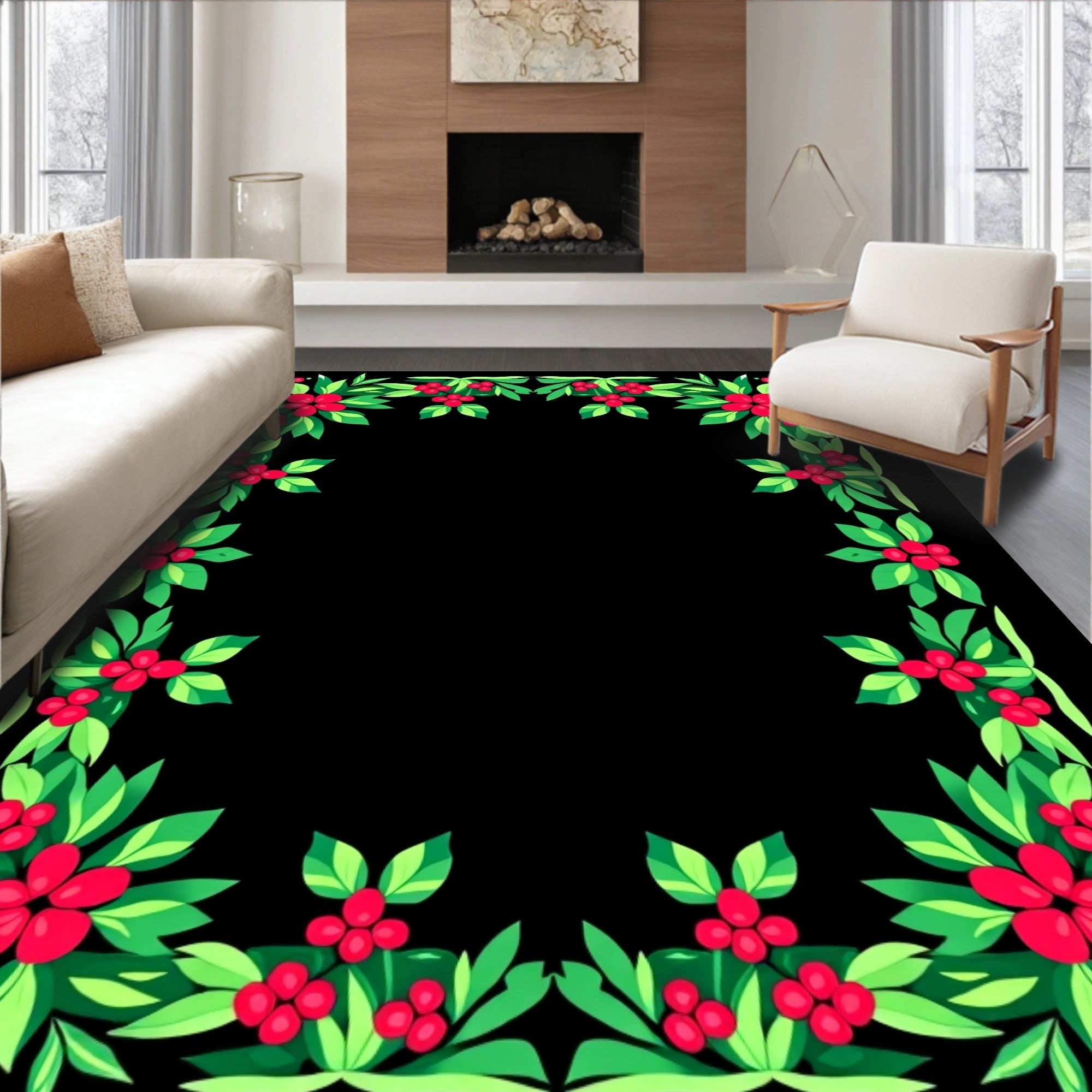 Vibrant Red Berry Foliage Border Rug