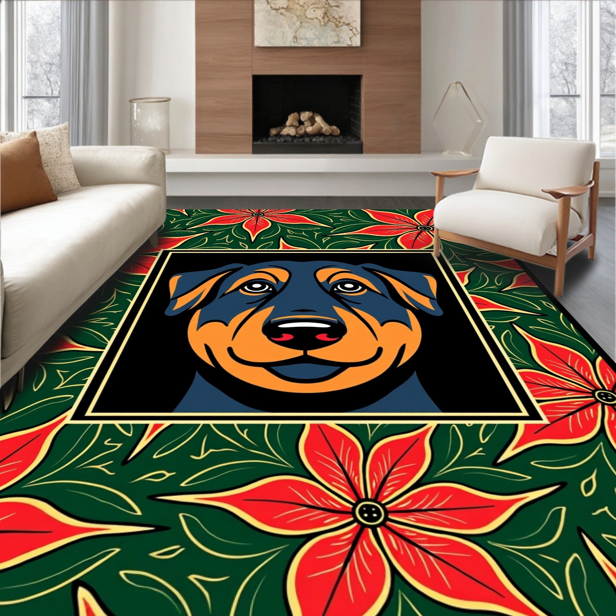 Bold Rottweiler Floral Frame Rug