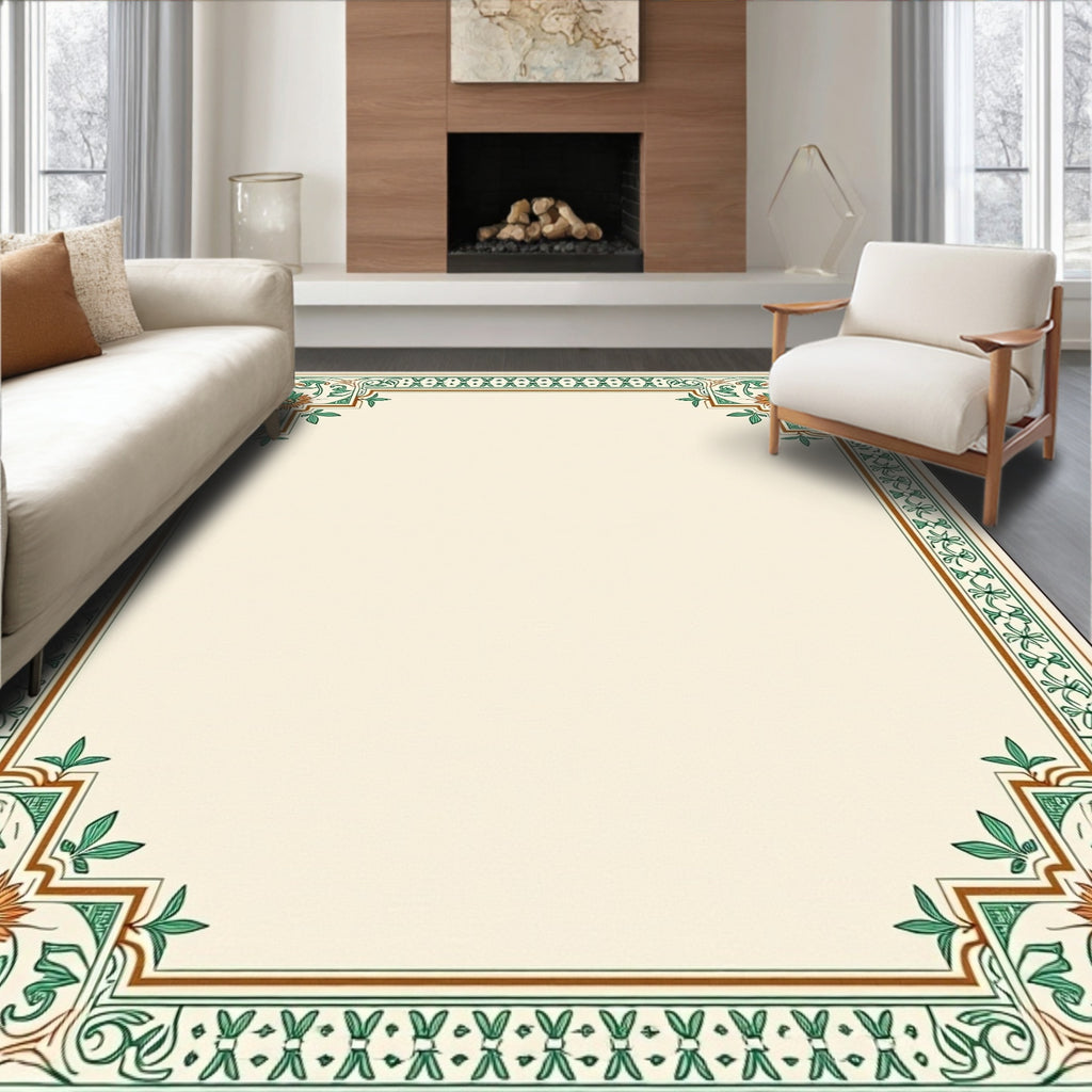 Ornate Green Floral Corner Border Rug