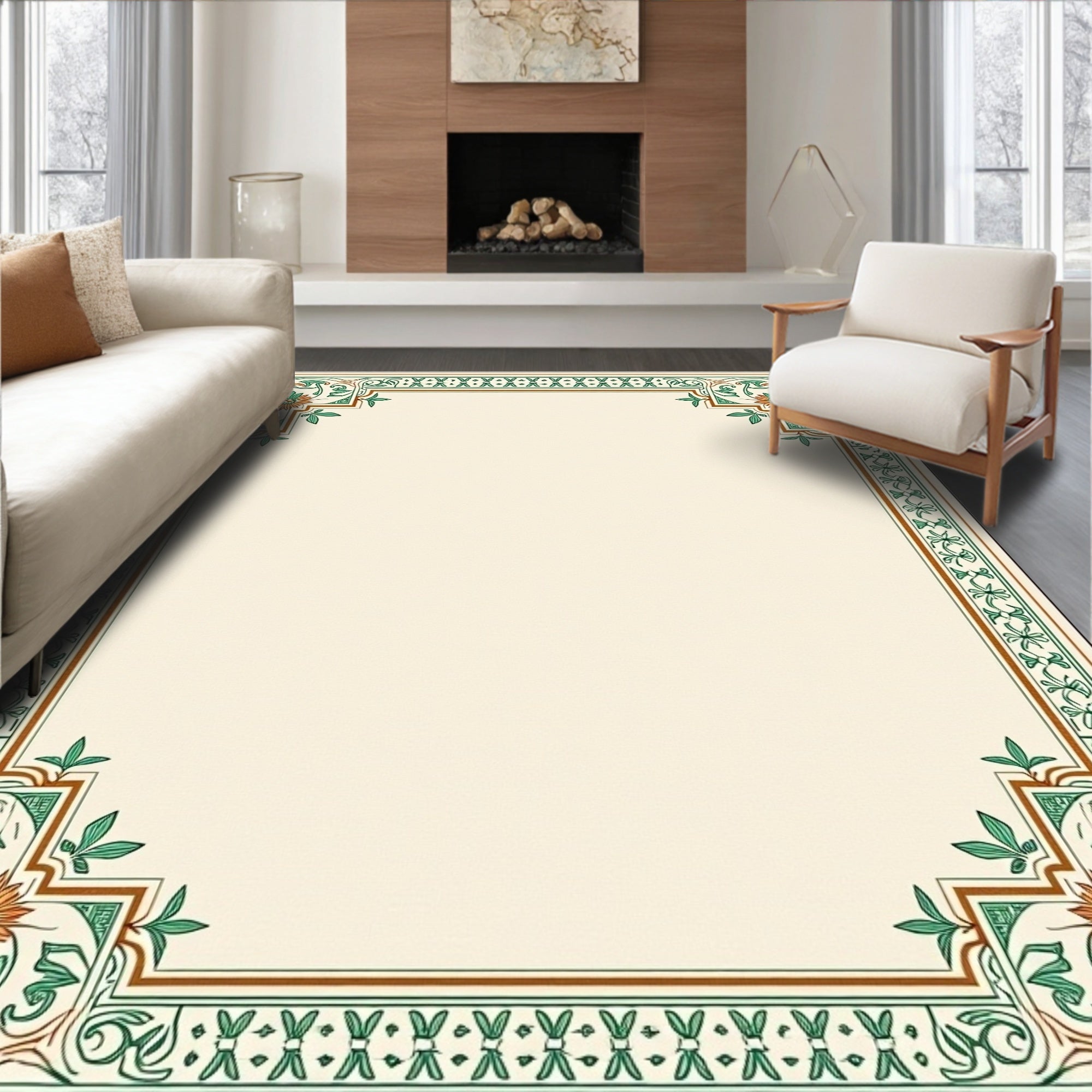 Ornate Green Floral Corner Border Rug