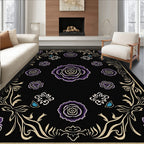 Dark Purple Floral Garden Cream Border Rug