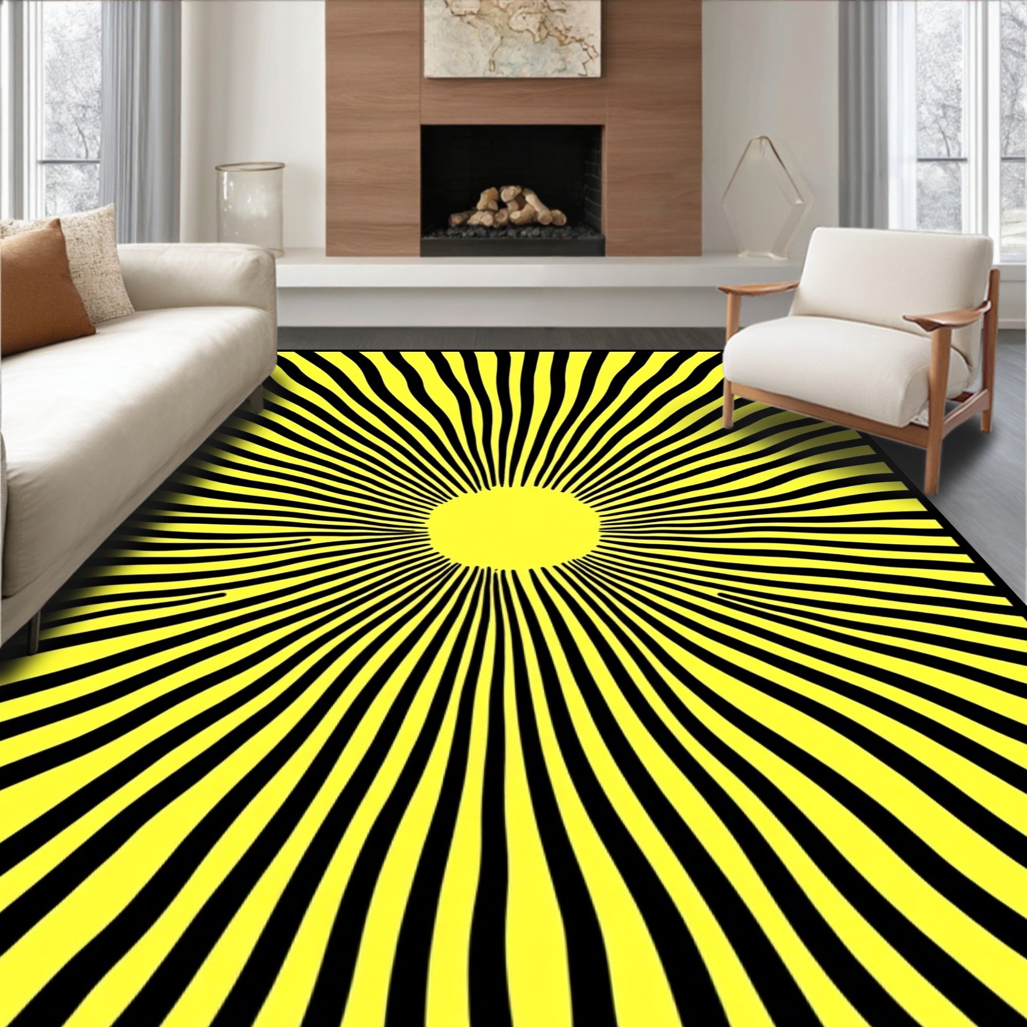 Yellow Black Sunburst Rays Rug