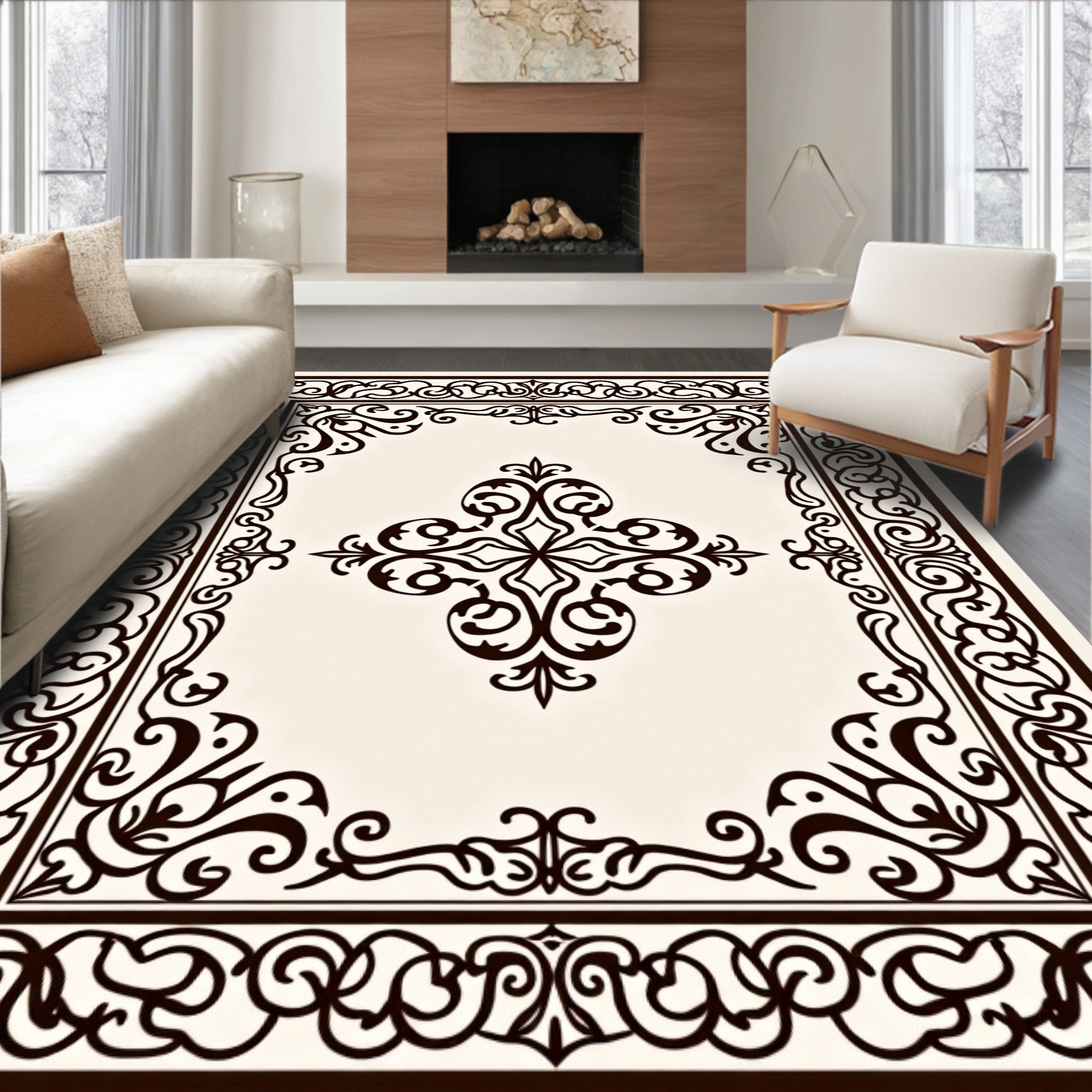 Ornate Dark Brown Floral Medallion Rug