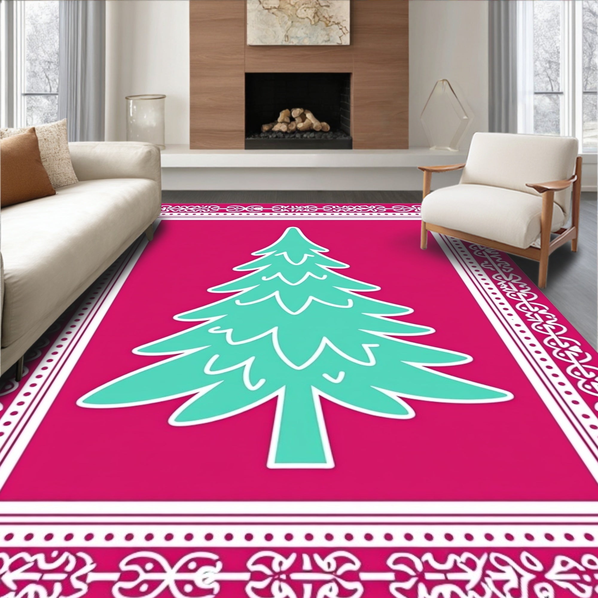 Crimson Teal Festive Tree Garland Rug