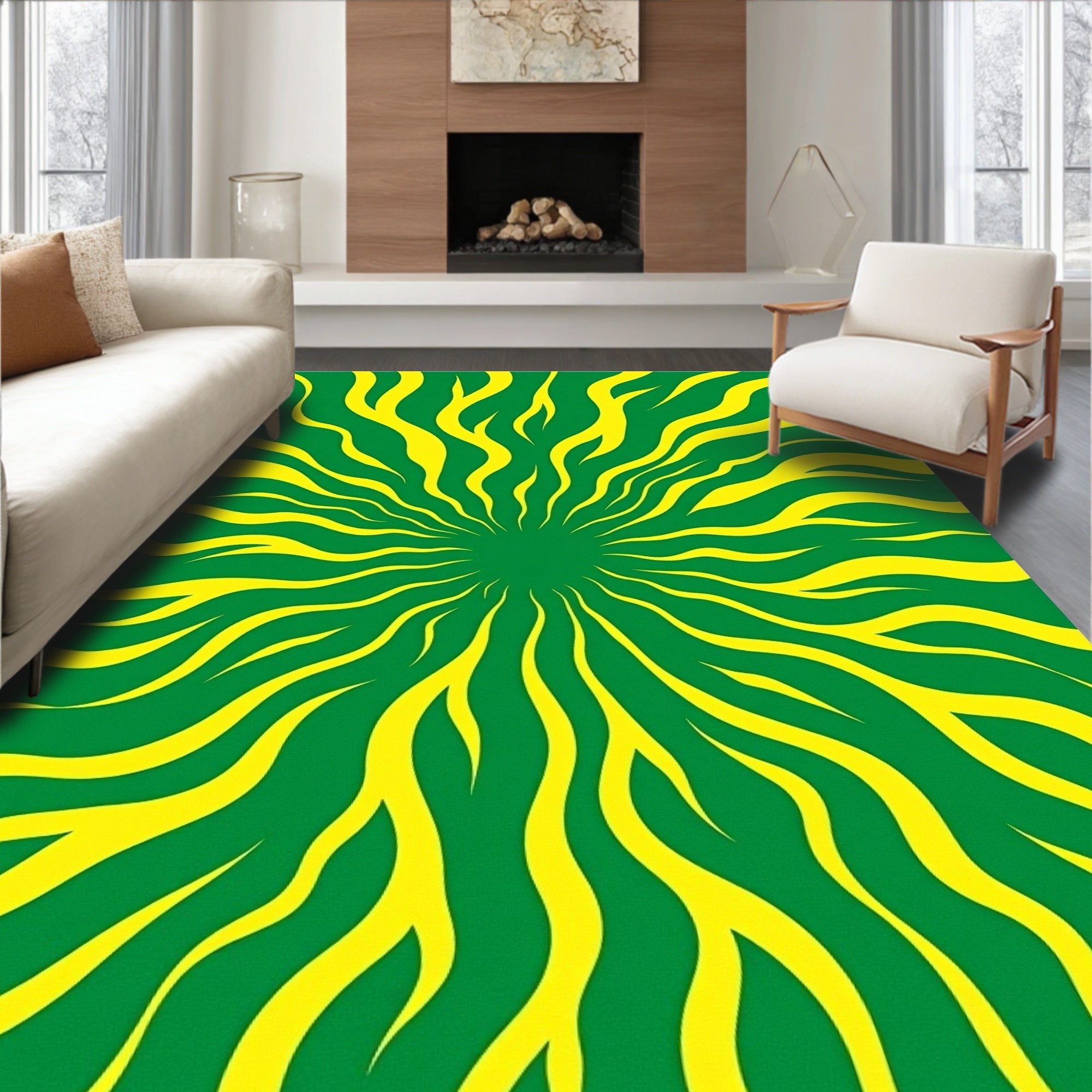 Radiant Green Yellow Sunburst Swirl Rug