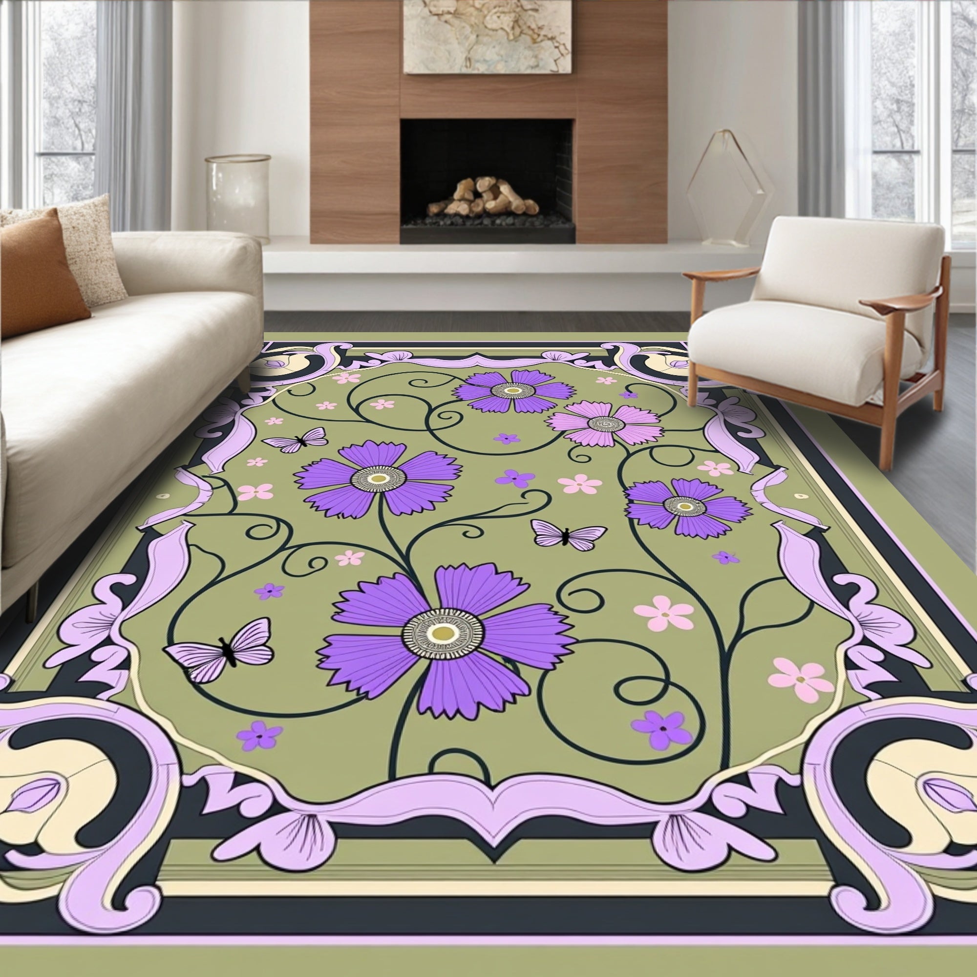 Purple Floral Butterflies Garden Border Rug
