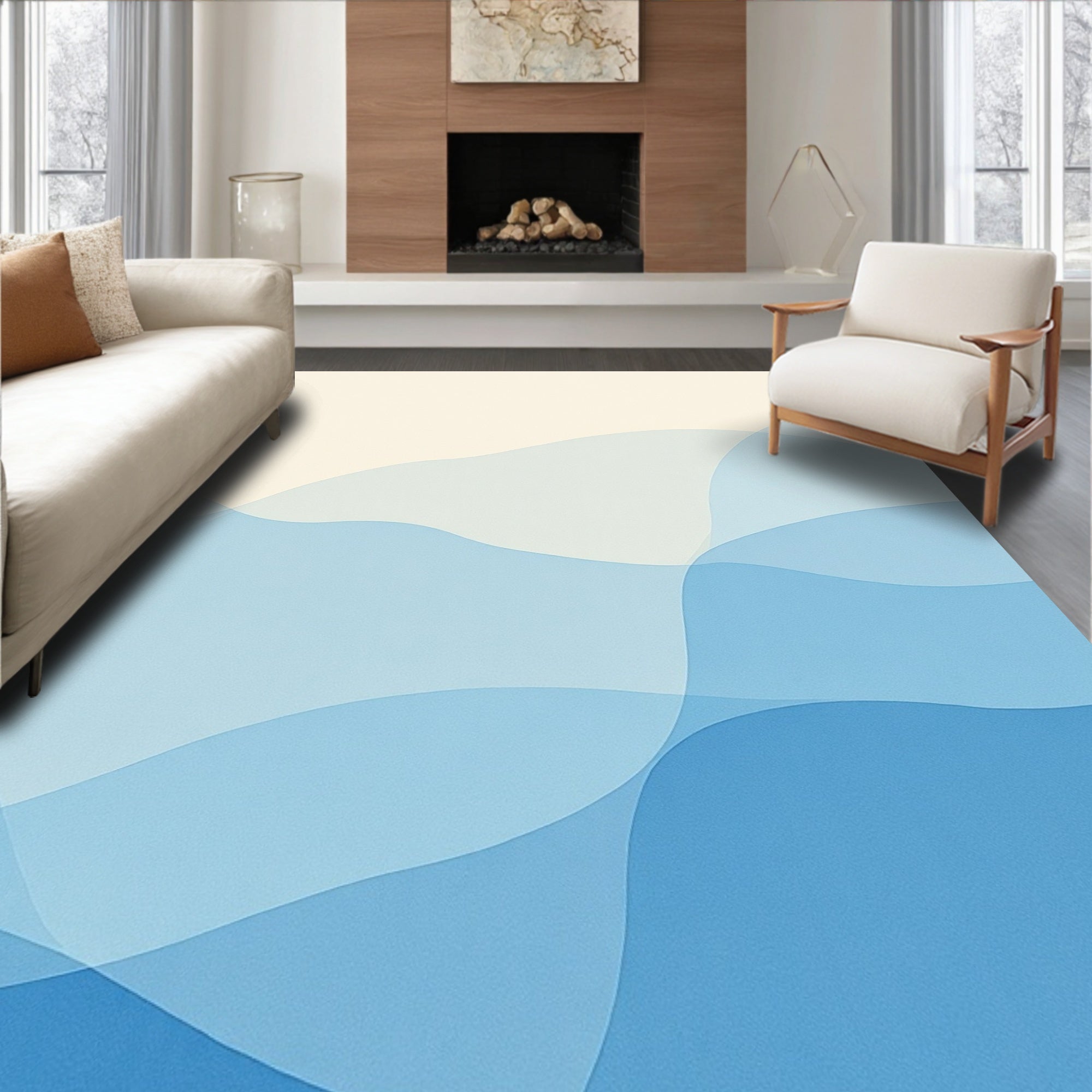 Oceanic Blue Abstract Layered Waves Rug