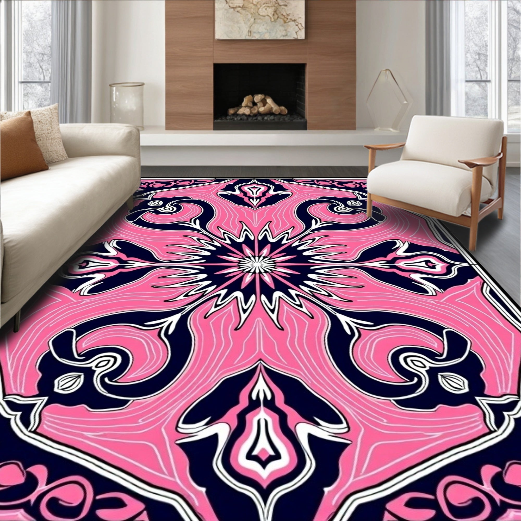 Vibrant Pink Navy Floral Medallion Rug