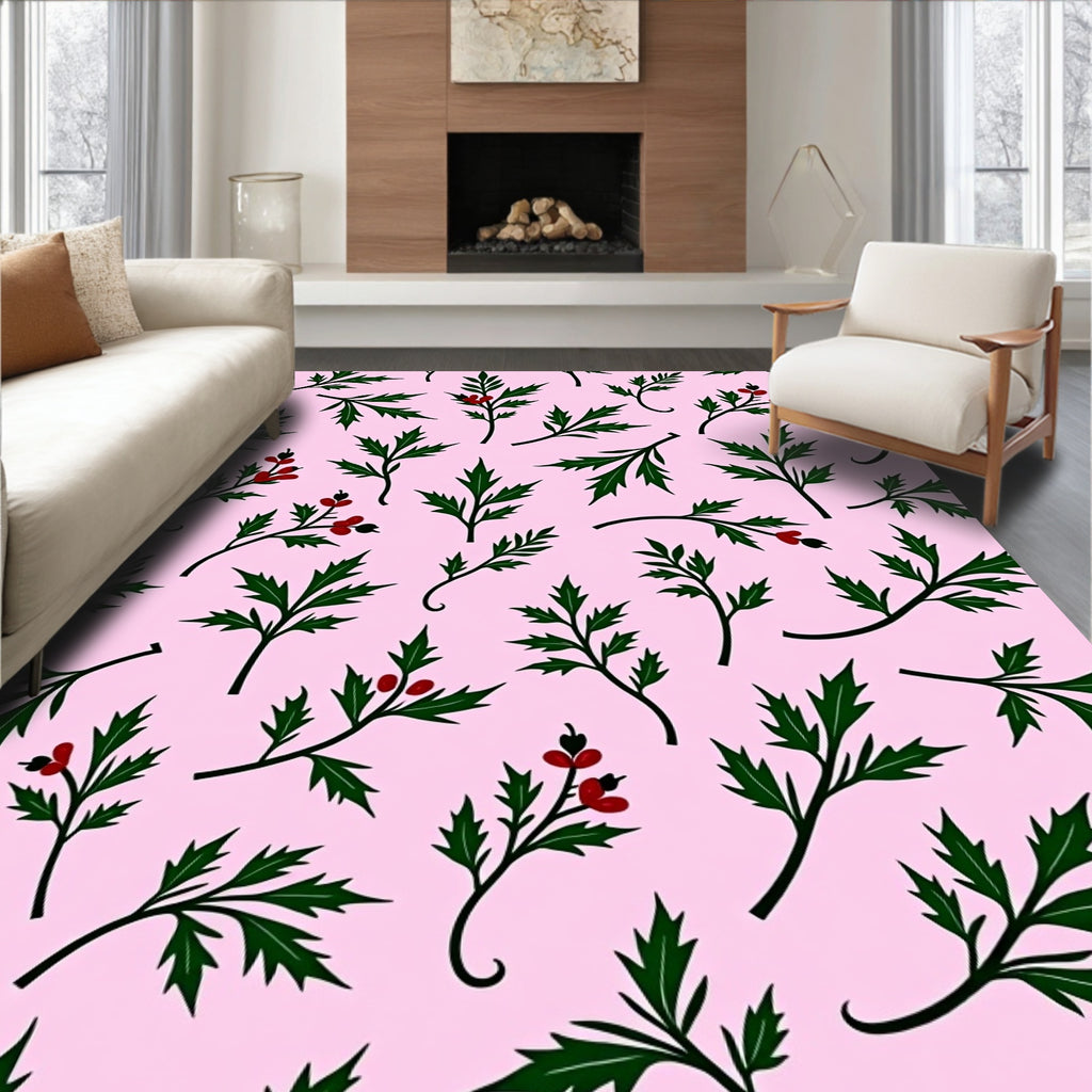 Green Leaf Red Berry Floral Scatter Rug