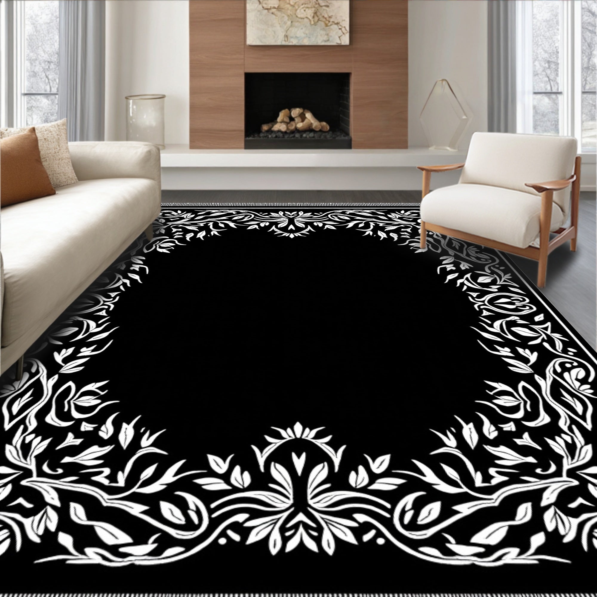 Elegant White Floral Border Black Rug