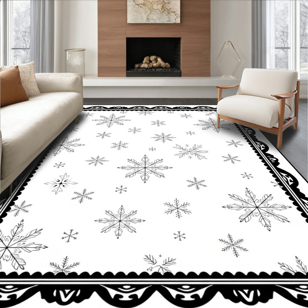 Black White Snowflake Border Rug