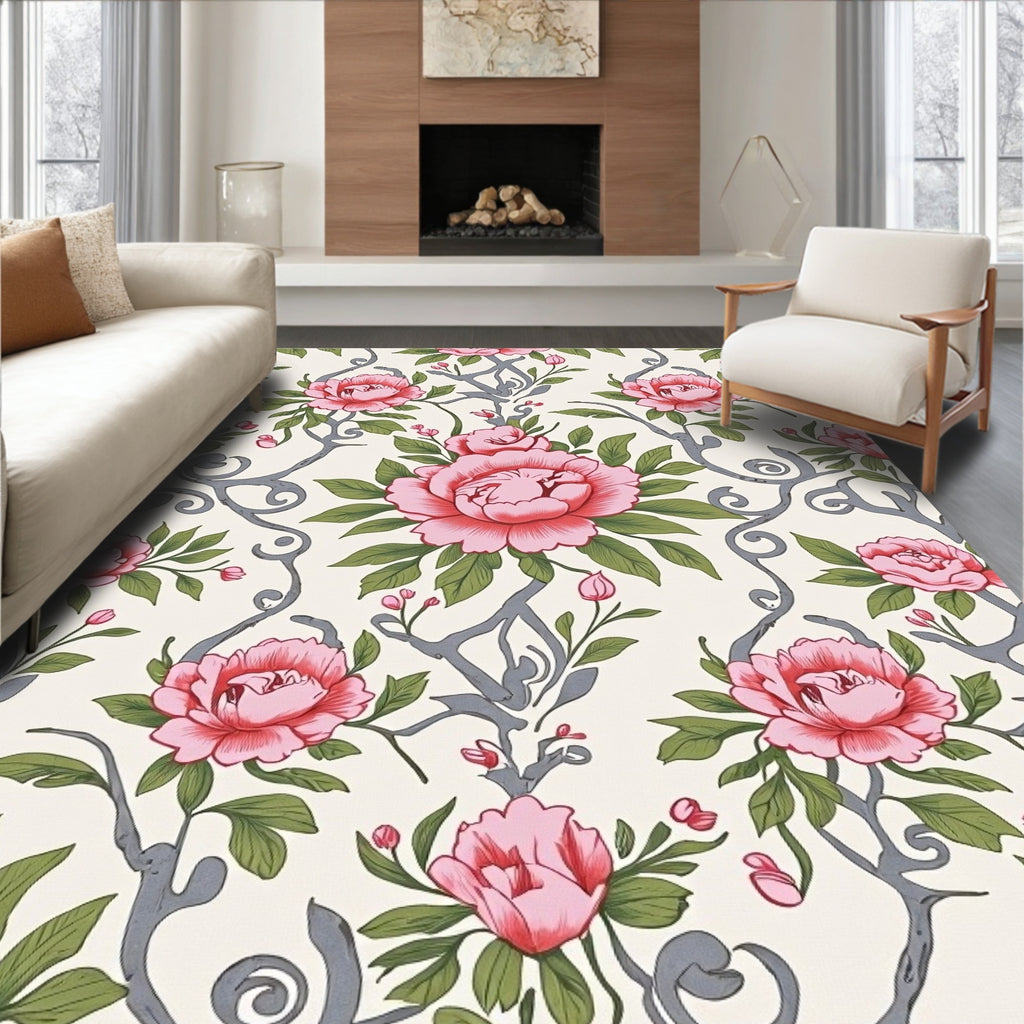 Victorian Pink Peony Floral Vine Rug