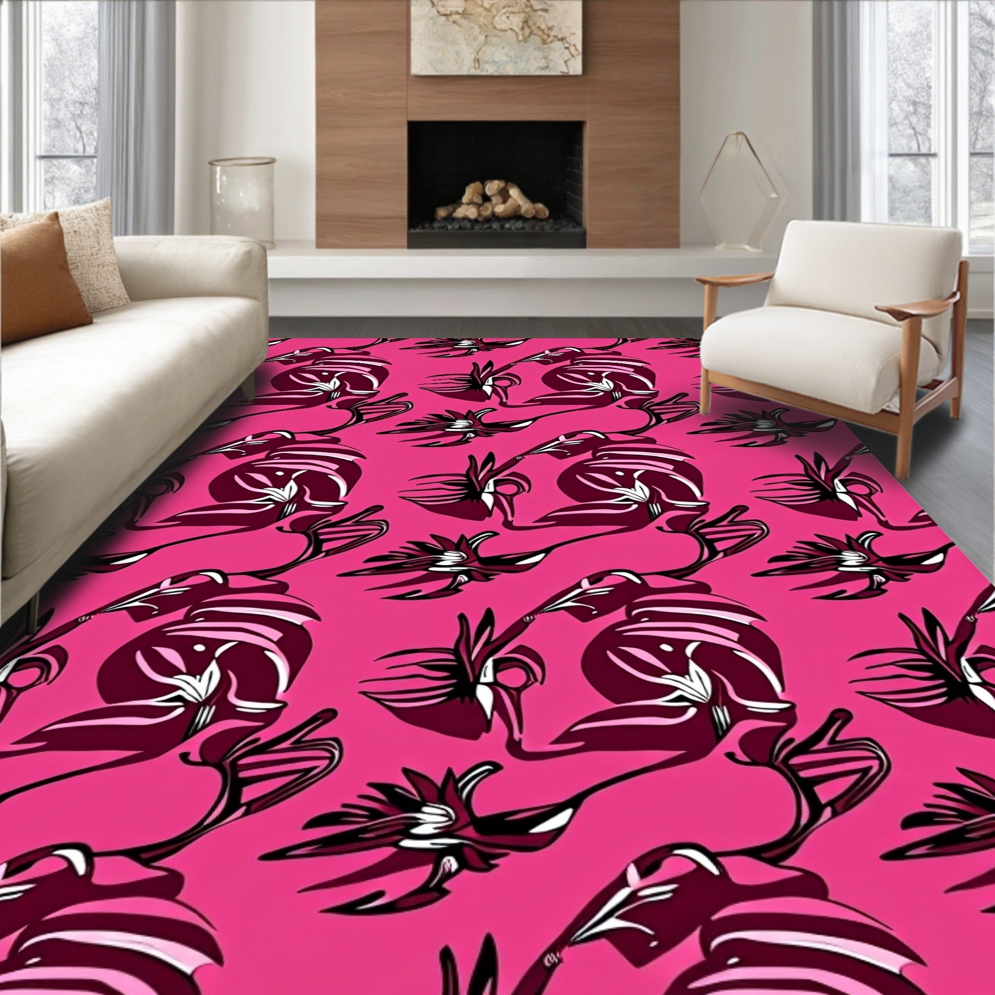 Vibrant Fuchsia Floral Whimsical Arrangement Rug