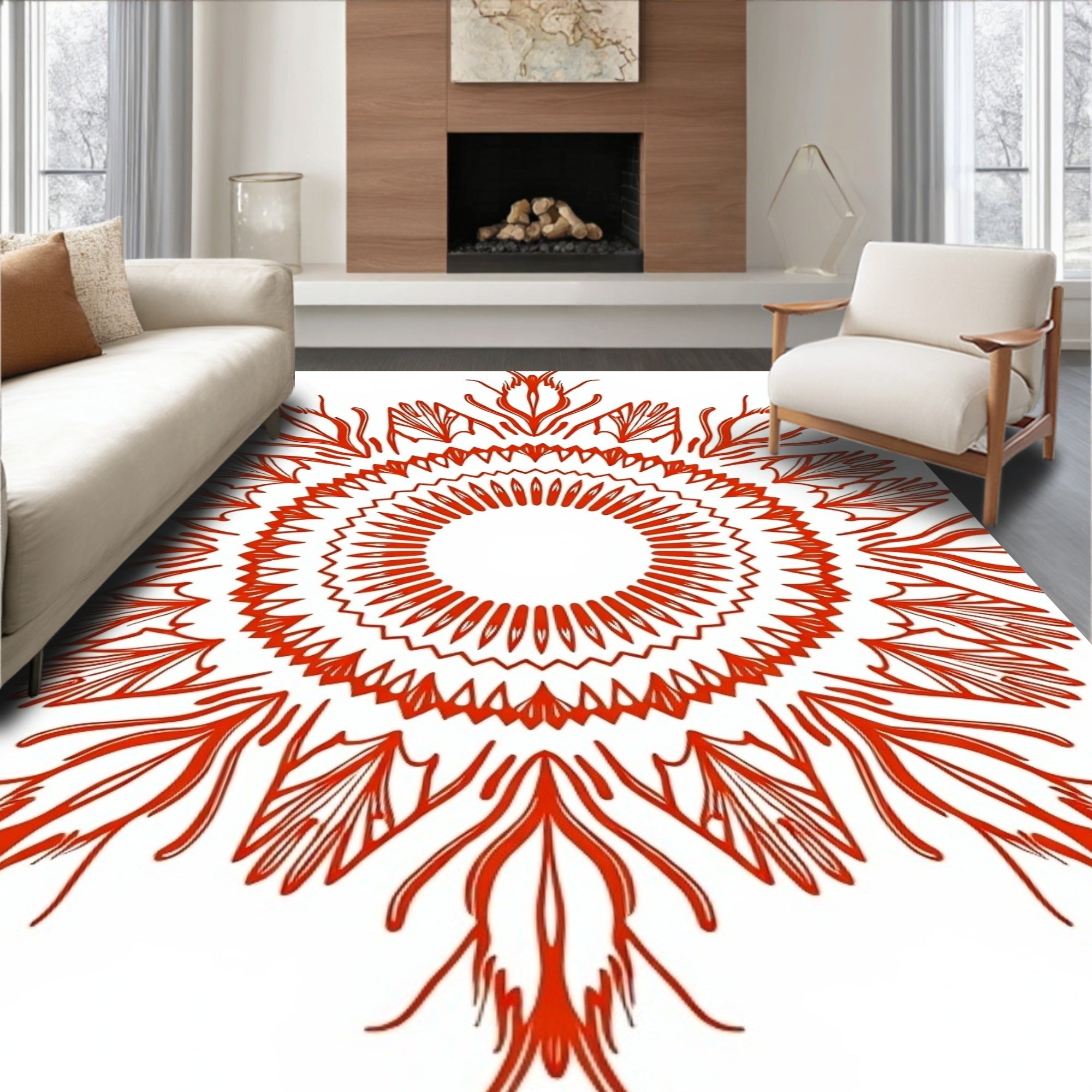 Fiery Red Radial Sunburst Mandala Rug