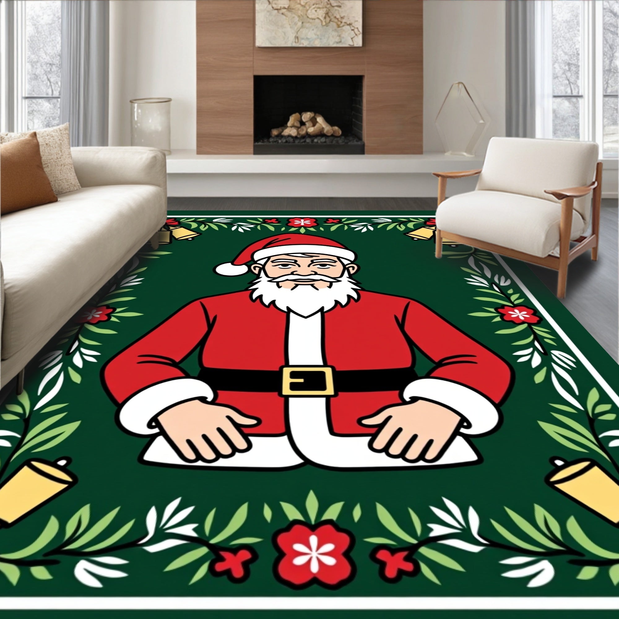 Festive Santa Claus Christmas Wreath Rug