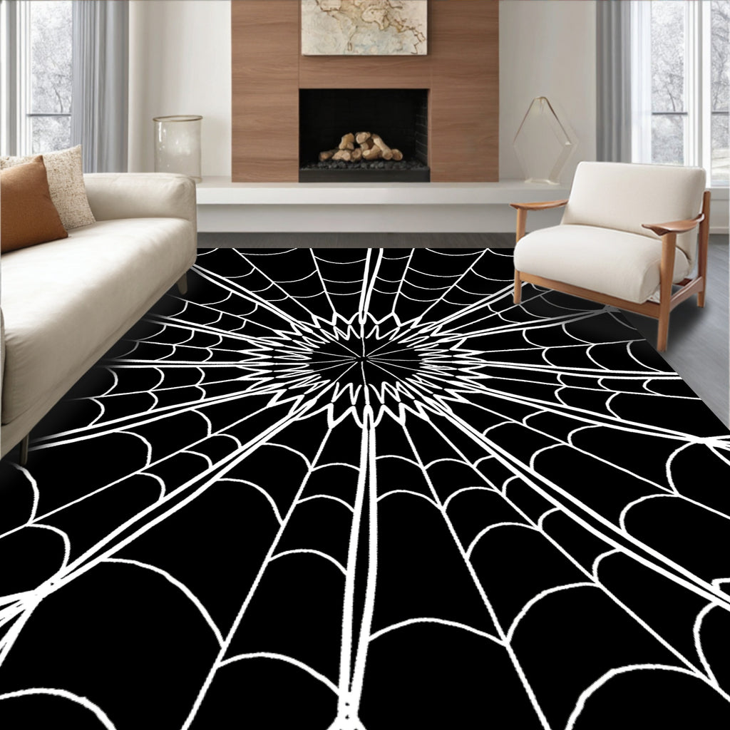 Black White Radial Spiderweb Rug