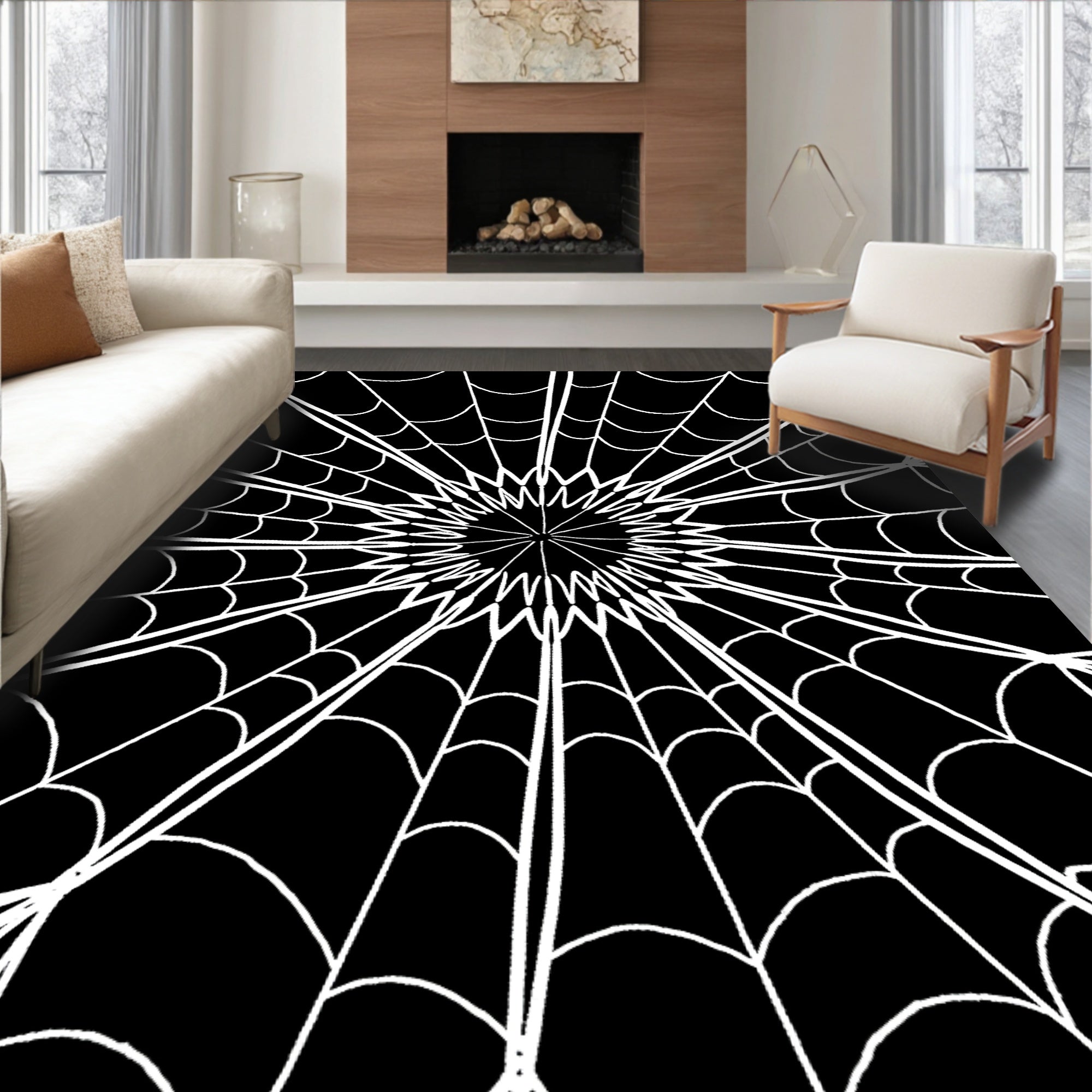Black White Radial Spiderweb Rug