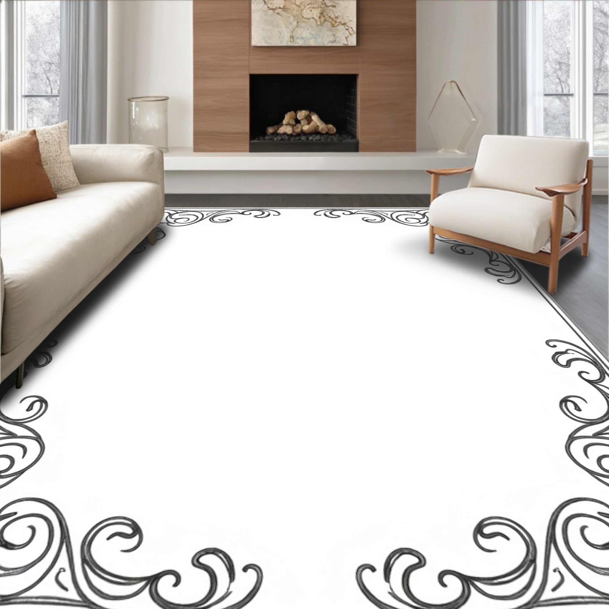 Ornate Dark Gray Scrollwork Border Rug