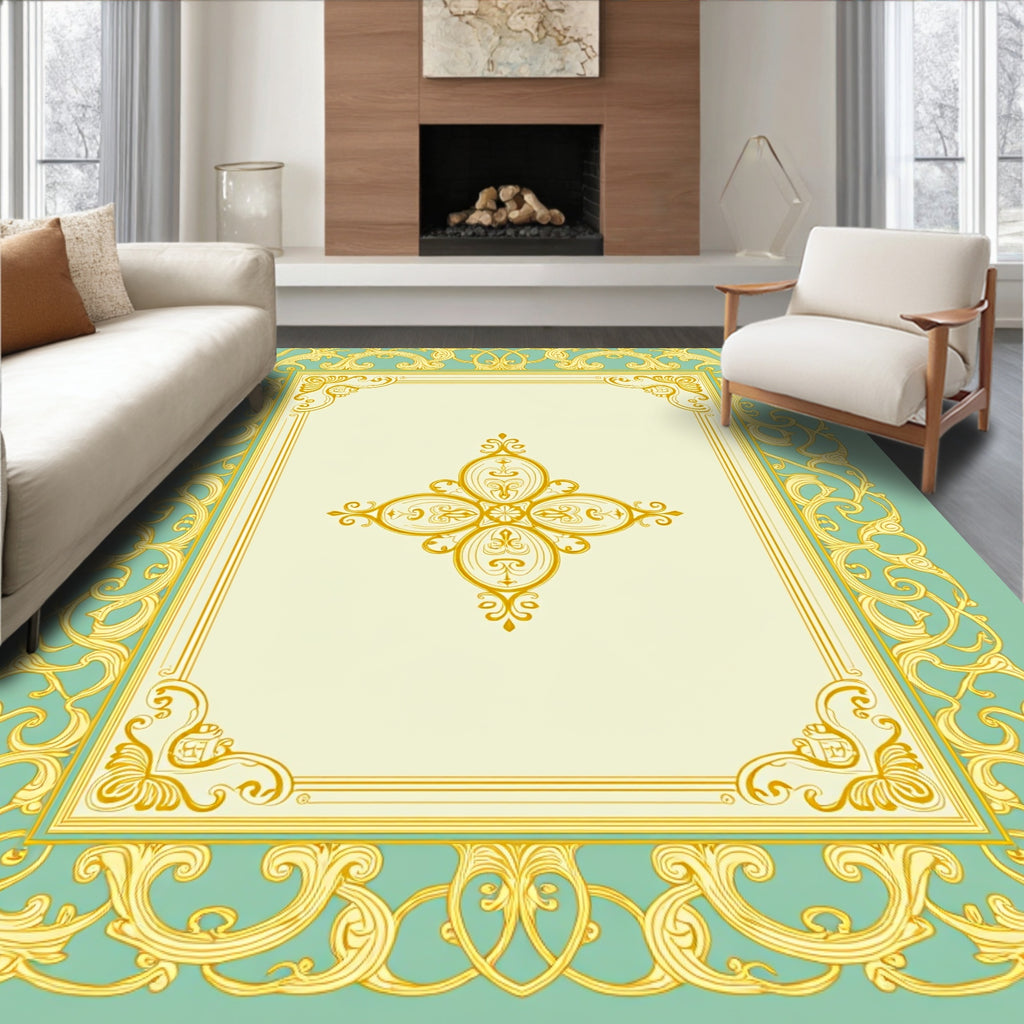 Vintage Gold Ornate Floral Frame Rug