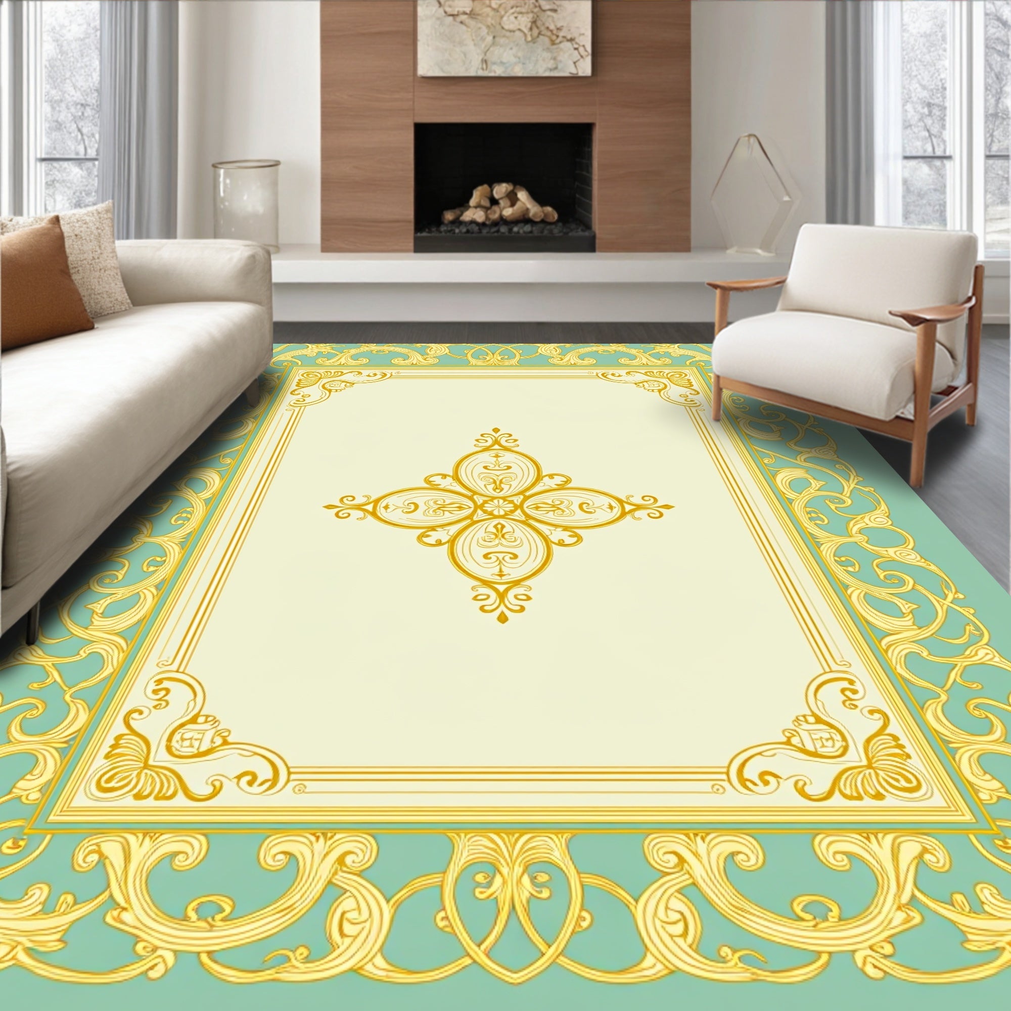Vintage Gold Ornate Floral Frame Rug