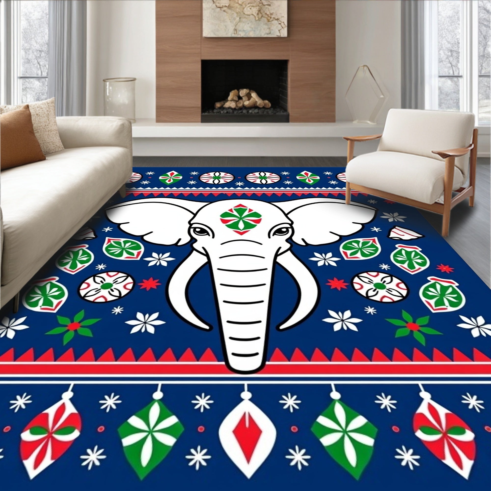 White Elephant Red Green Medallion Border Rug