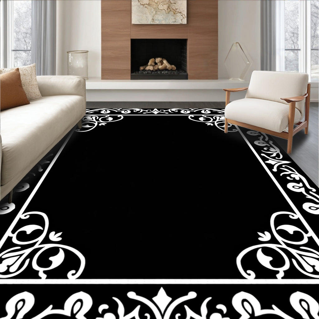 White Floral Border Scrollwork Frame Rug