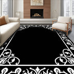 White Floral Border Scrollwork Frame Rug