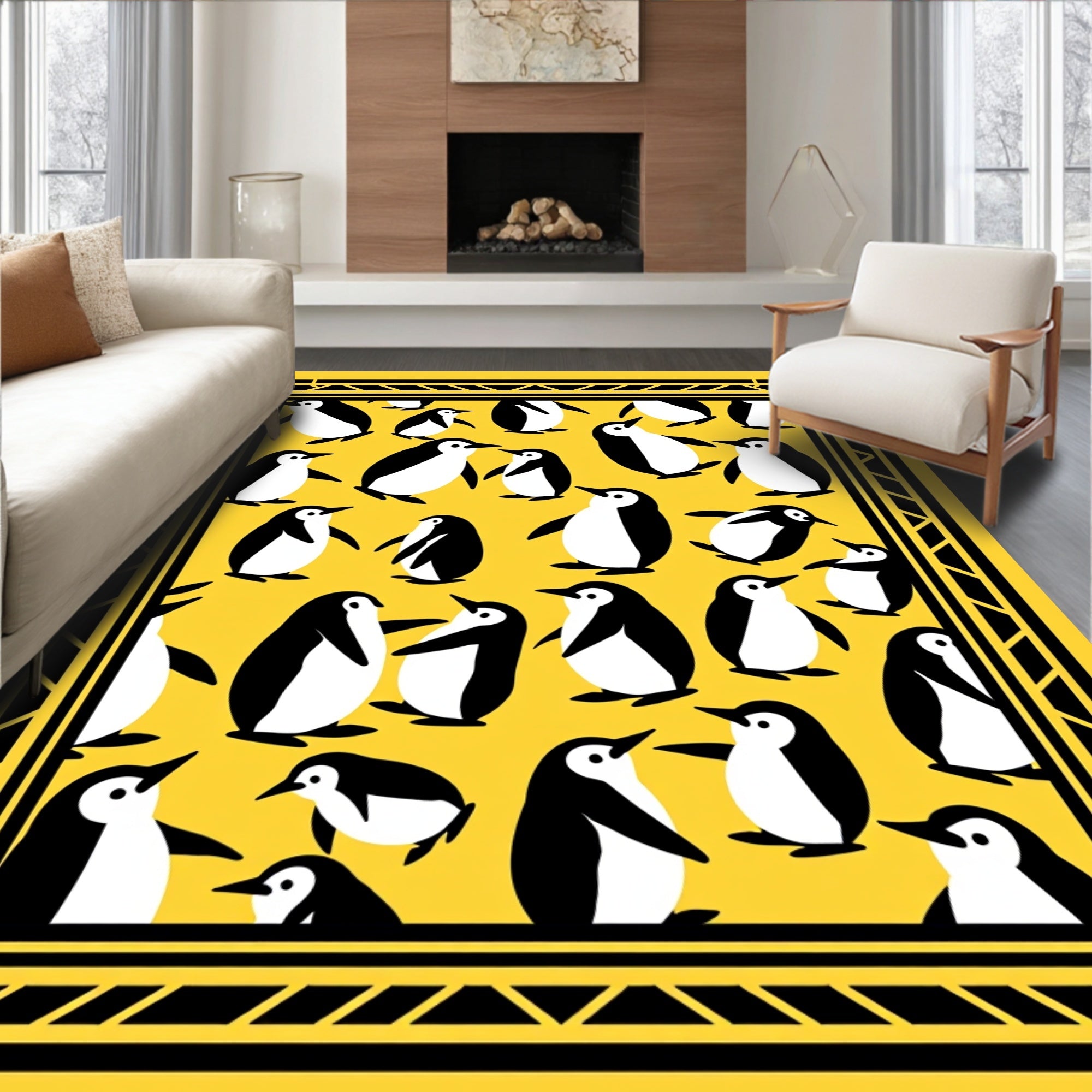 Playful Yellow Penguin Repeat Border Rug