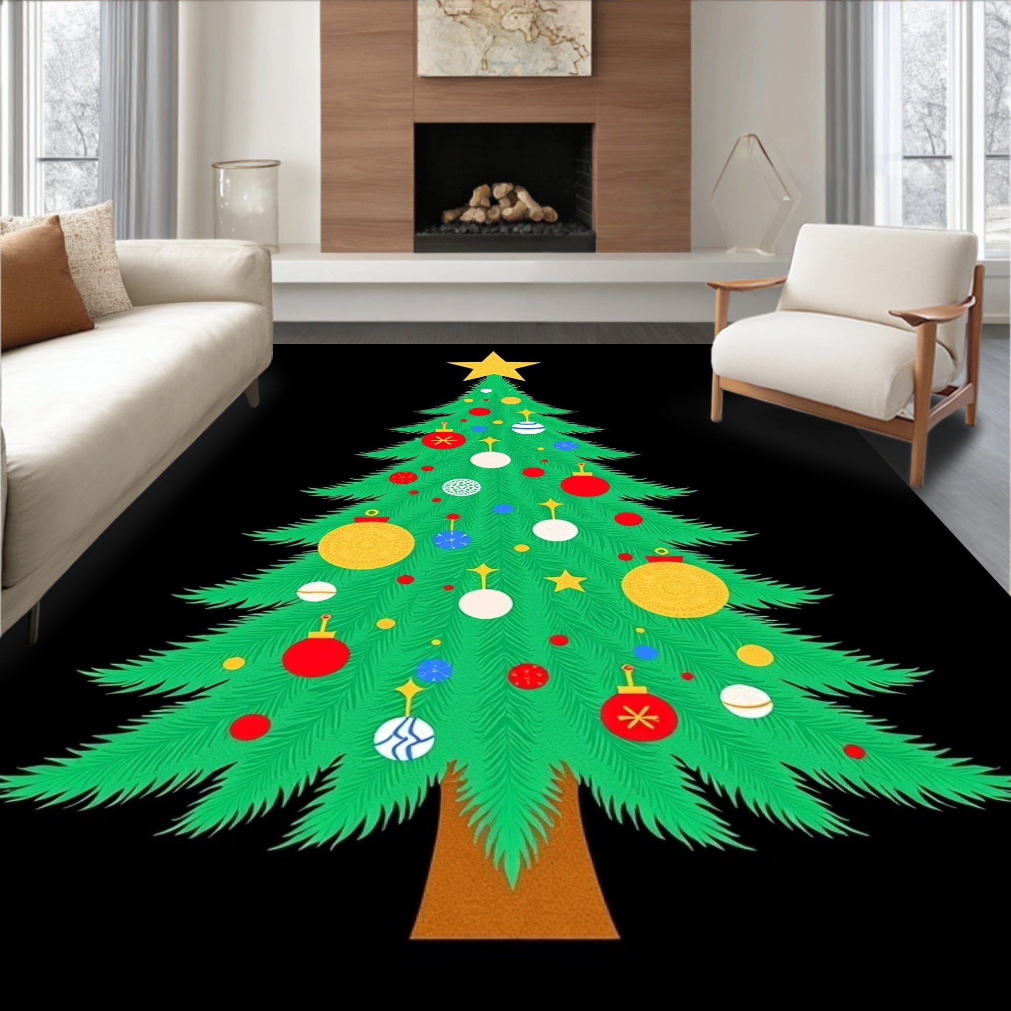 Merry Evergreen Tree Ornaments Rug
