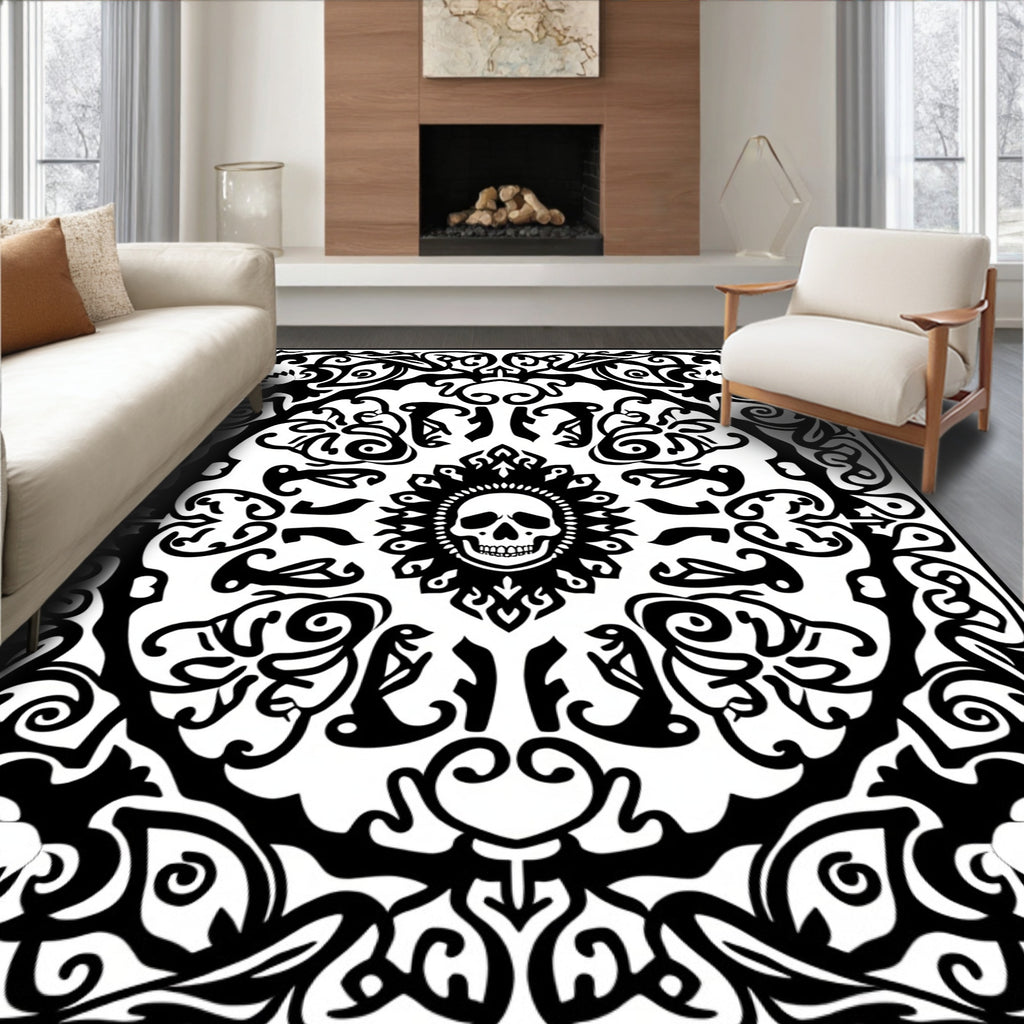 Monochromatic Skull Ornate Scrollwork Rug