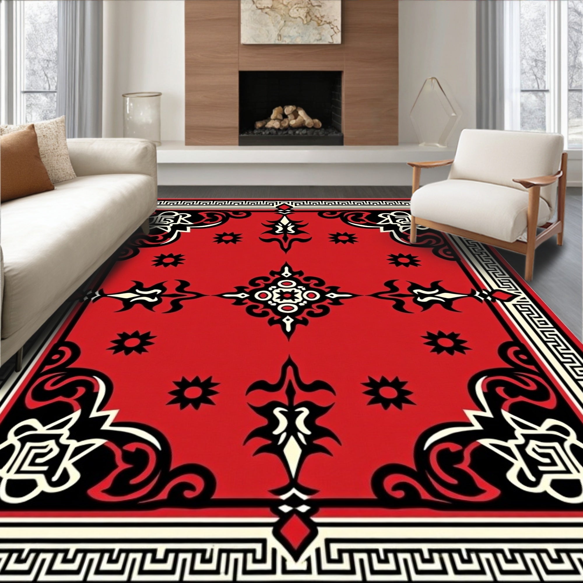 Red Black and Cream Geometric Scroll Rug