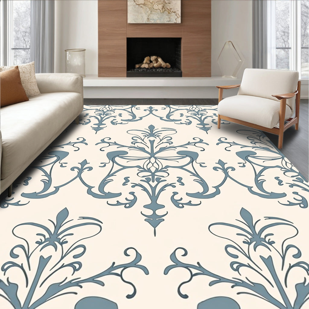 Pale Blue Scrollwork Traditional Damask Rug