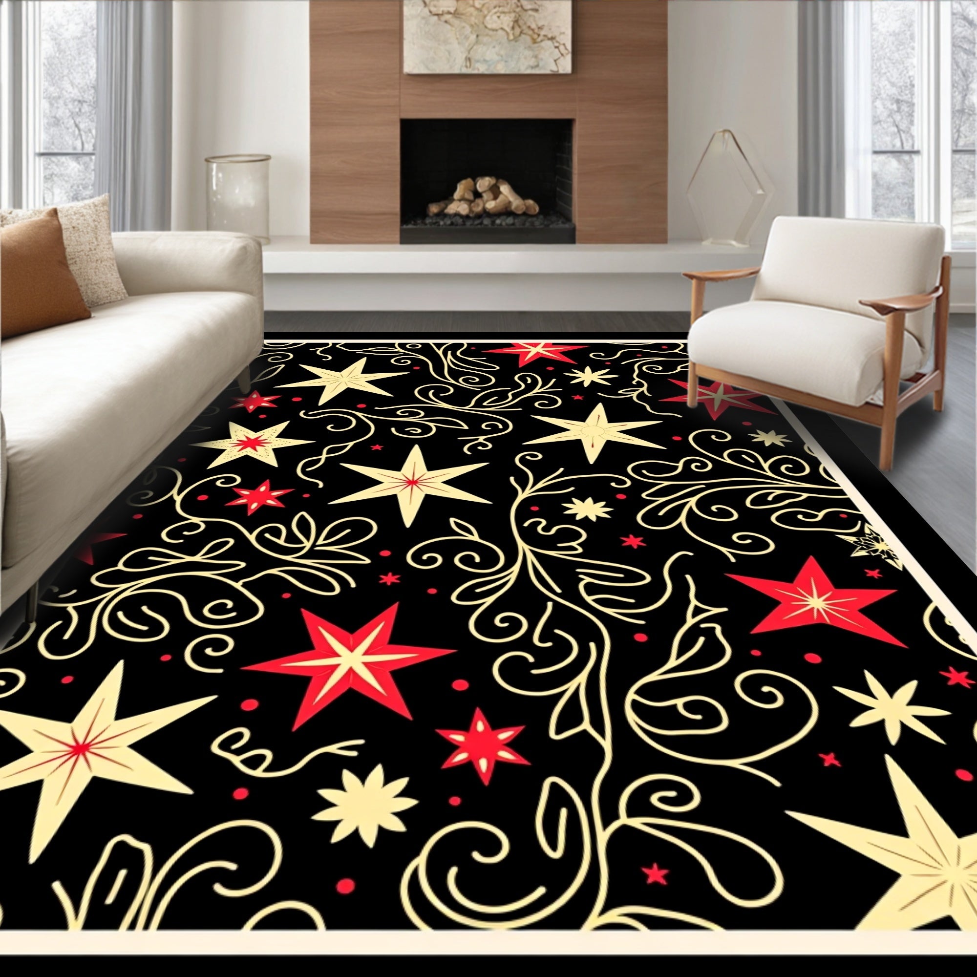 Crimson Gold Star Floral Swirl Rug