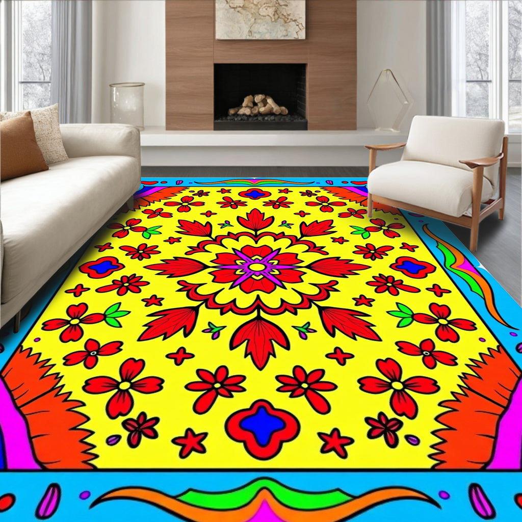 Radiant Yellow Floral Medallion Frame Rug