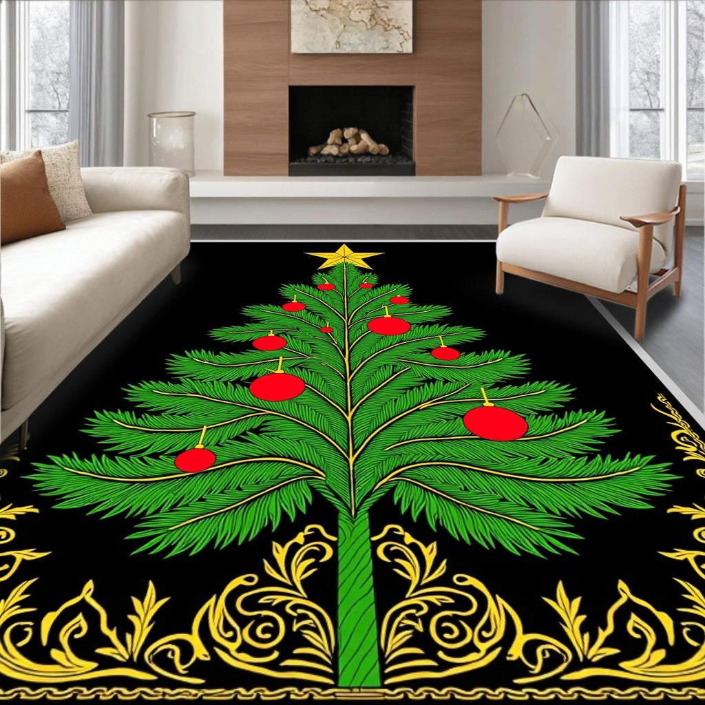 Festive Green Christmas Tree Golden Border Rug