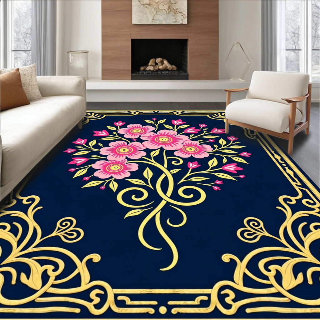 Ornate Pink Floral Golden Border Rug