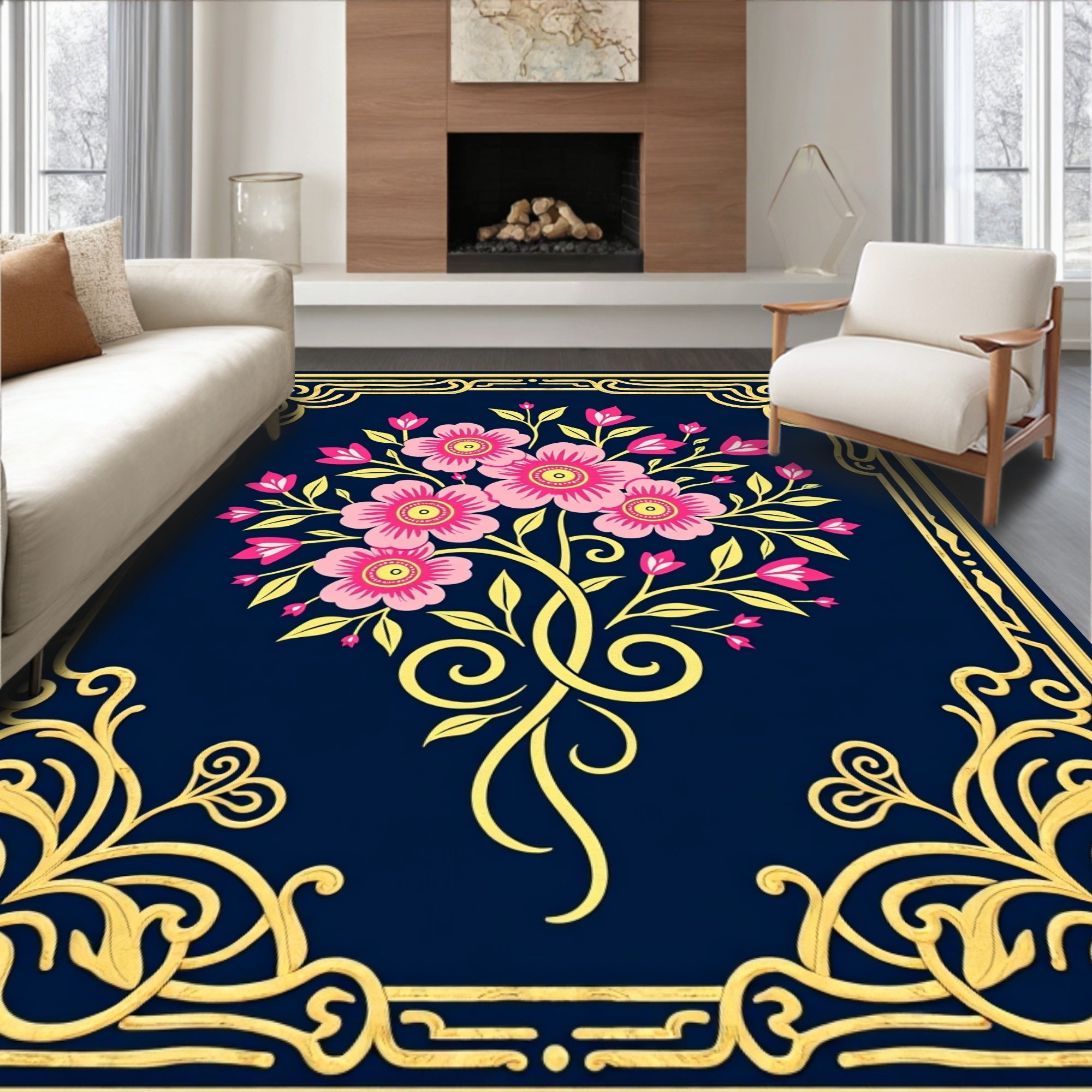 Ornate Pink Floral Golden Border Rug