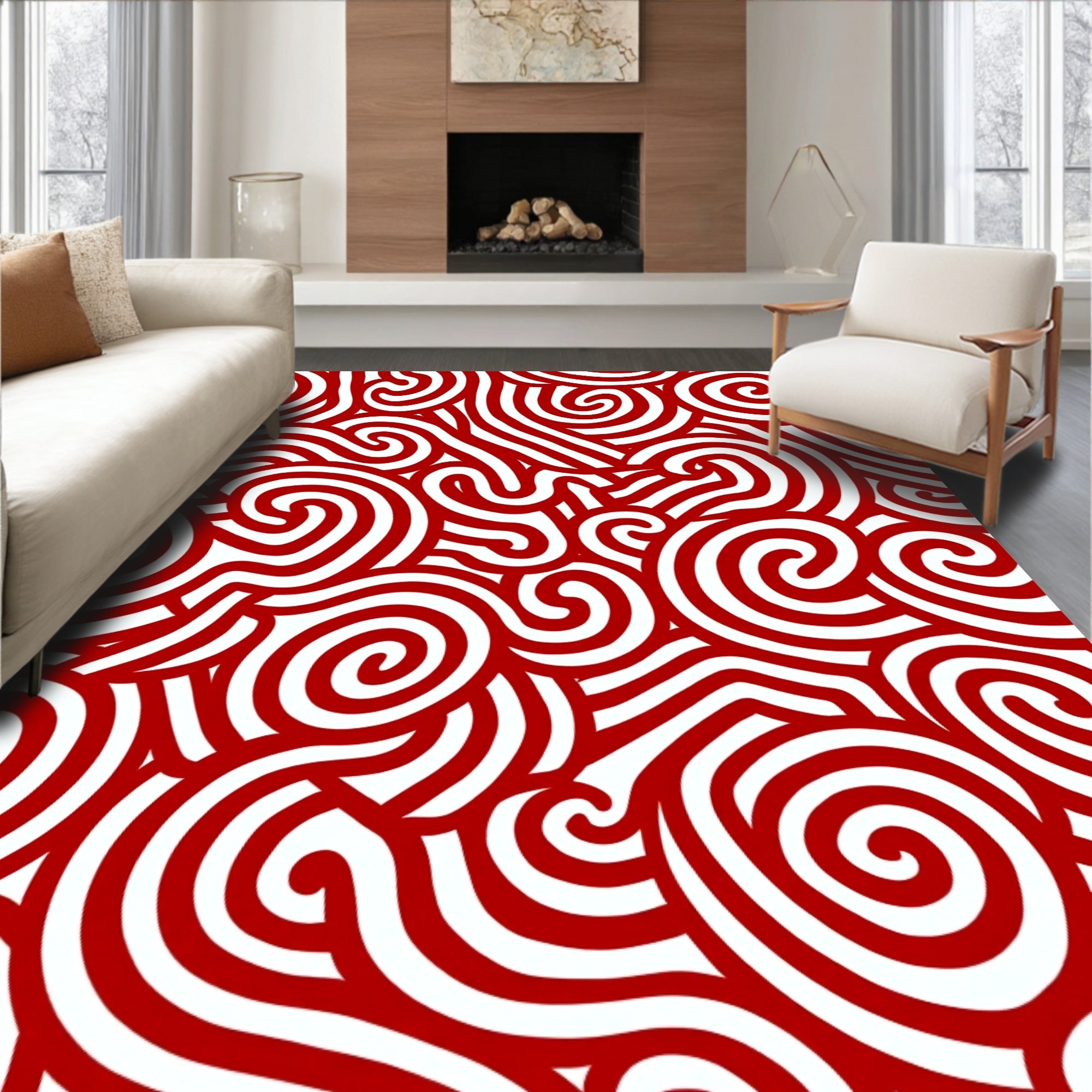 Crimson Swirl Line Abstract Rug