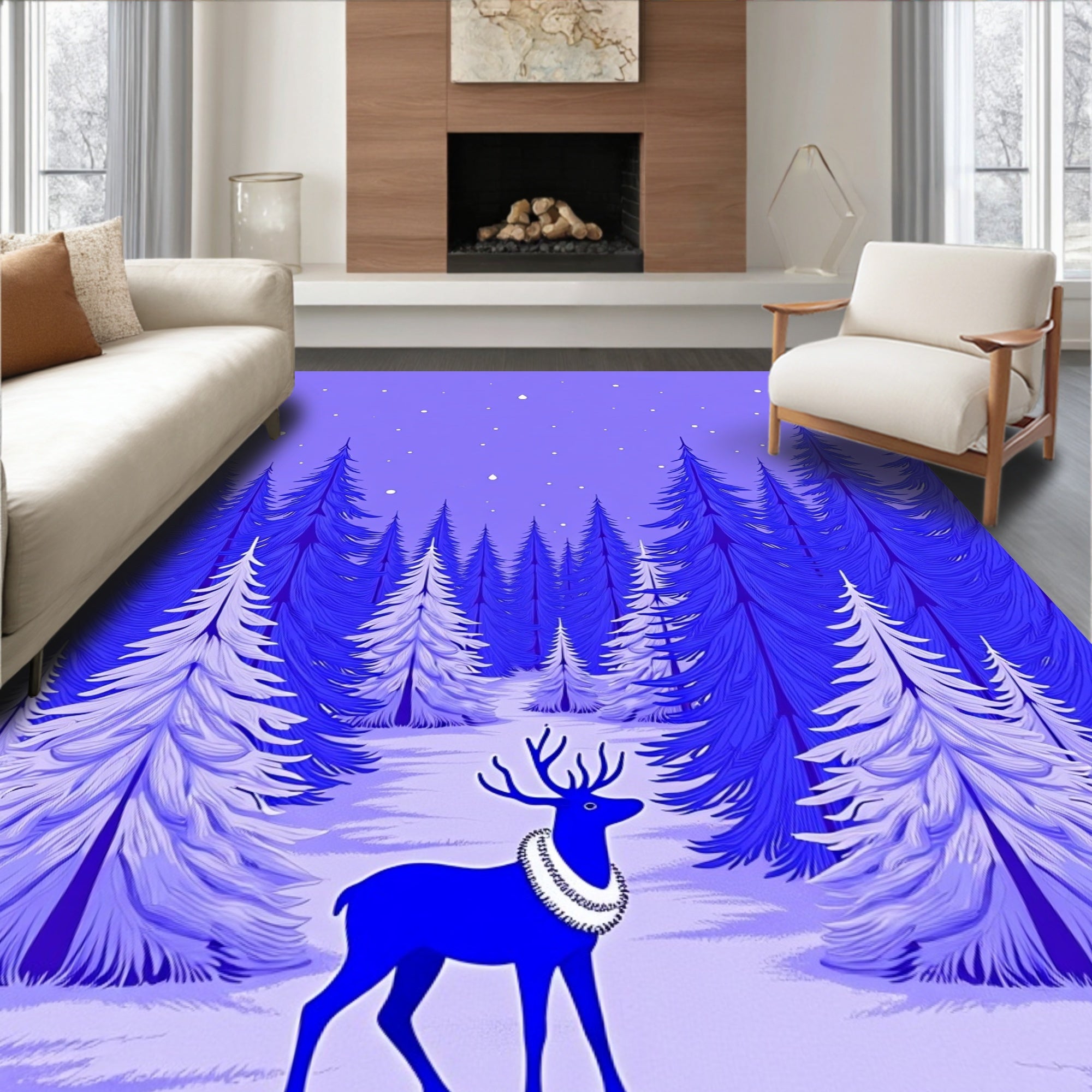 Vibrant Blue Winter Forest Deer Rug