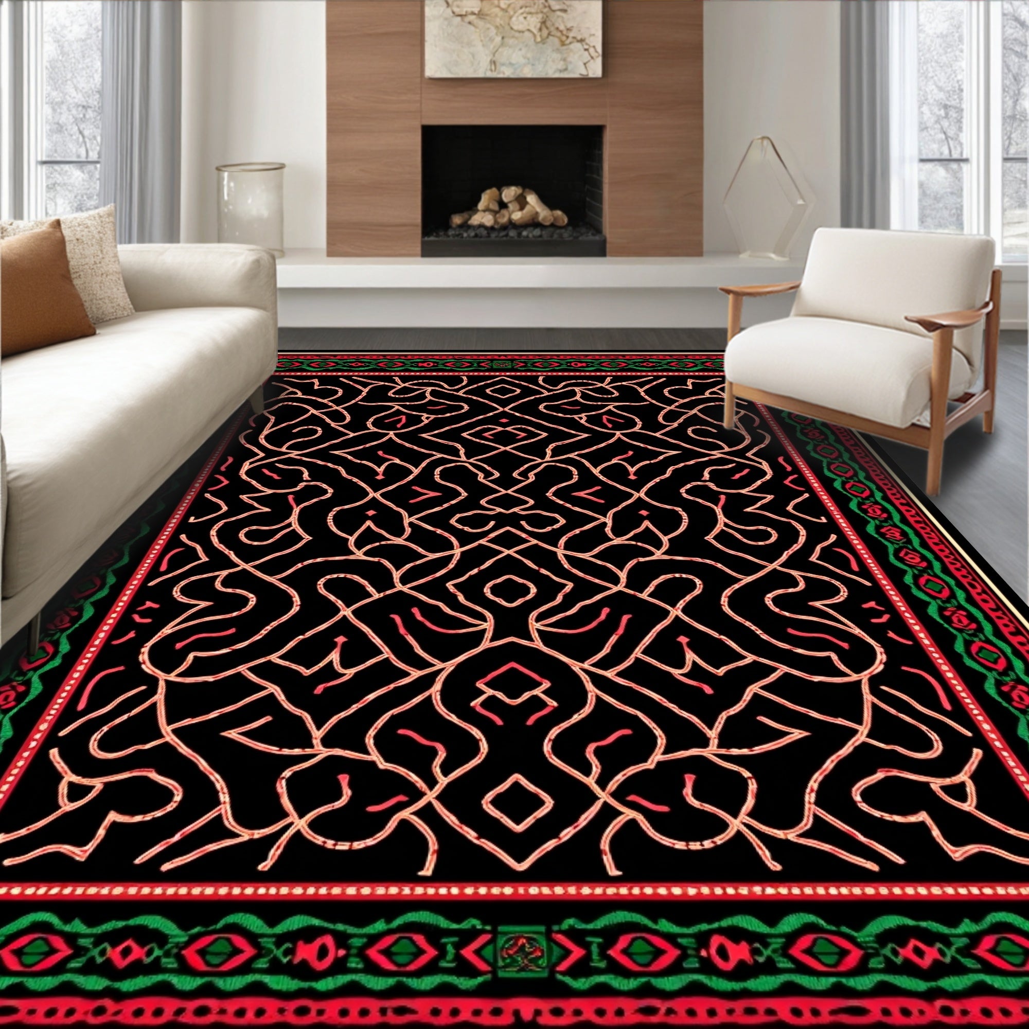 Red Green Intertwined Geometric Border Rug
