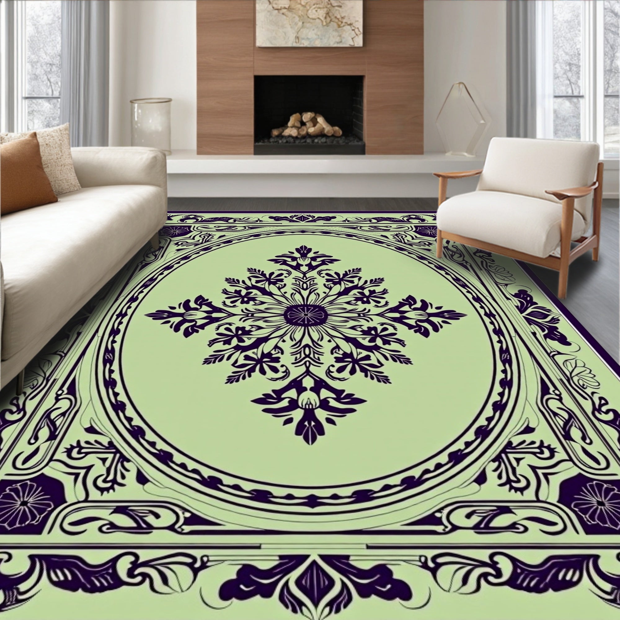 Ornate Dark Green Floral Medallion Rug