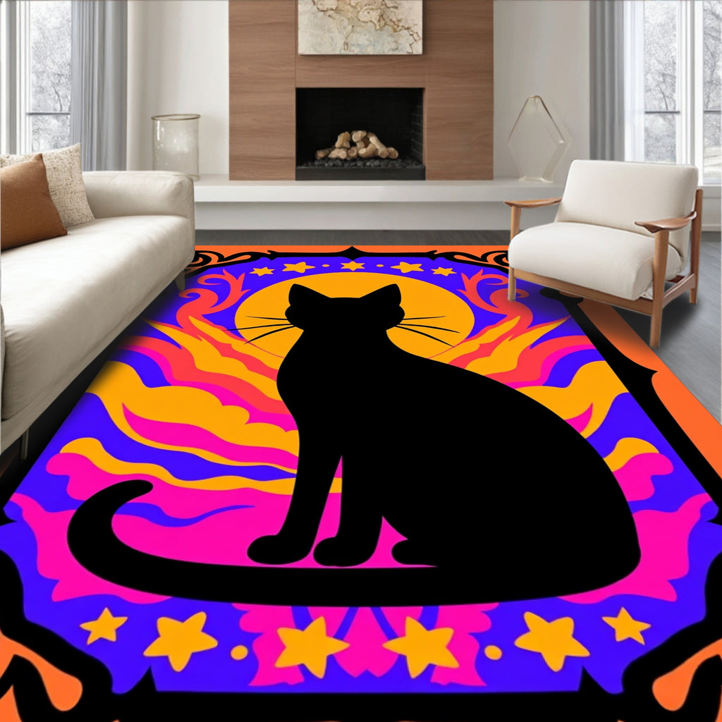 Black Cat Cosmic Psychedelic Stars Rug