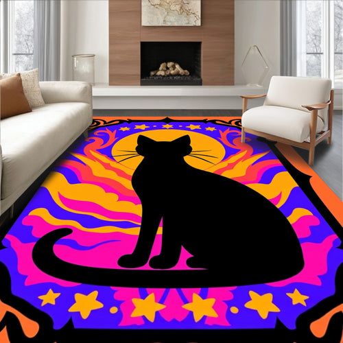 Black Cat Cosmic Psychedelic Stars Rug