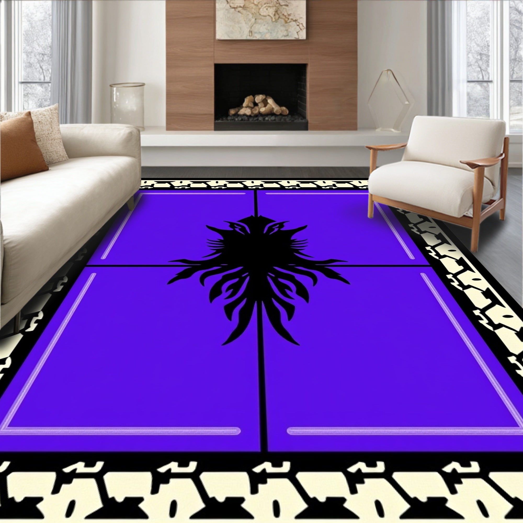 Bold Black Tribal Orchid Purple Rug