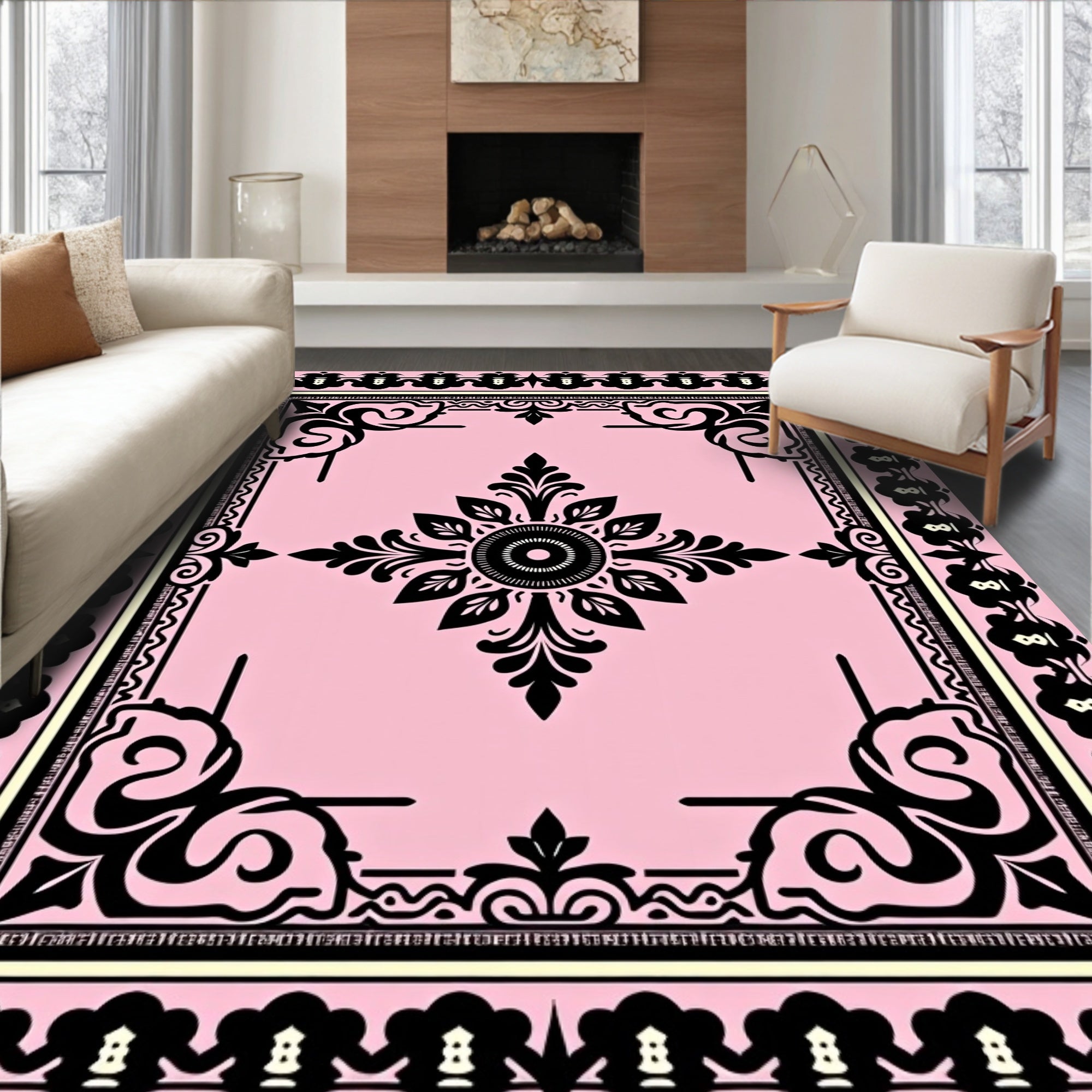 Pink Floral Black Medallion Border Rug