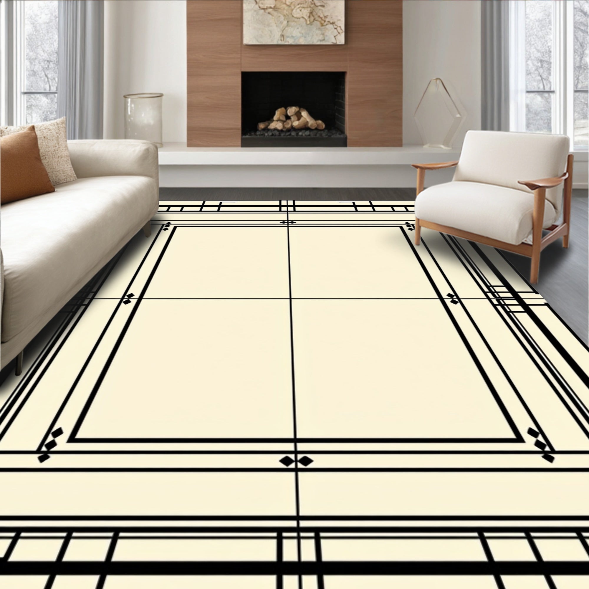 Art Deco Black Geometric Border Rug