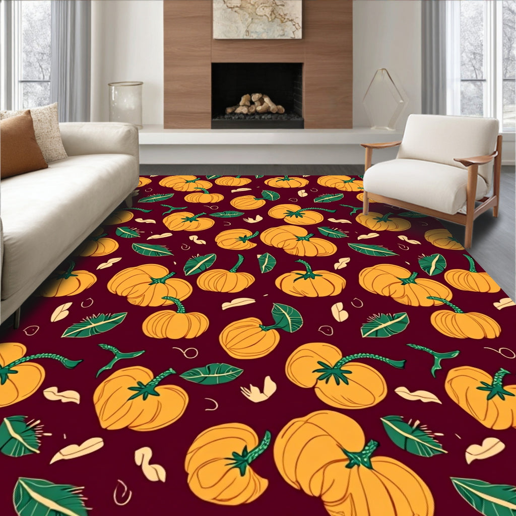 Orange Pumpkin Patch Burgundy Background Rug