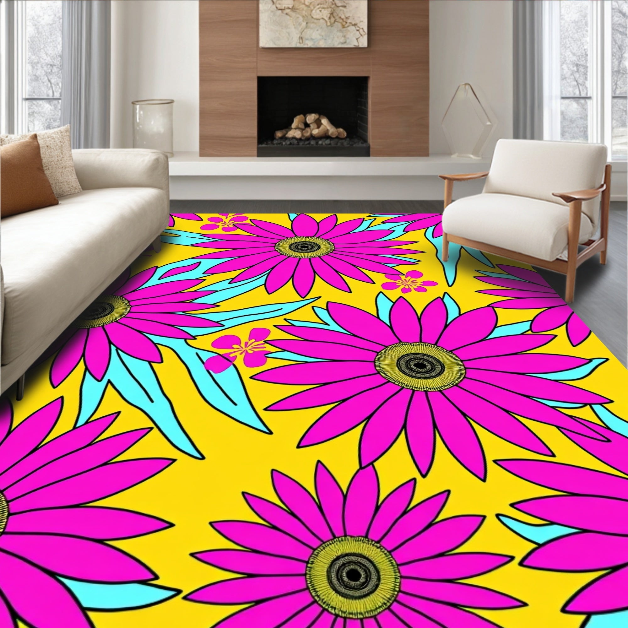 Vibrant Magenta Daisy Field Rug