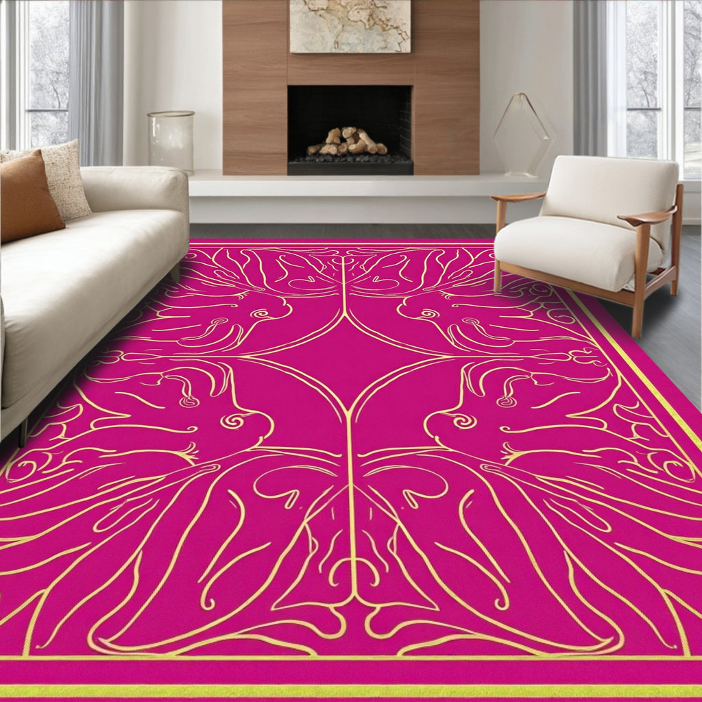 Vibrant Magenta Golden Abstract Figural Rug